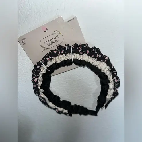 Fashion Tidbits NWT Scrunch Satin Fabric Chic Floral Shiny 3pc Headbands Junior Black