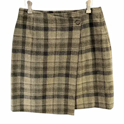 Max Mara Weekend Wrap Mini Skirt 12 Khaki Wool Glen Plaid Winter Dark Academia Tan