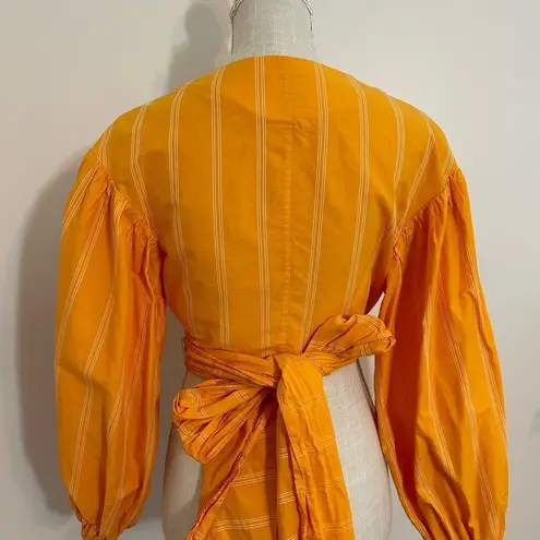 Acler Wyatt Blouse Orange White Stripe Wrap Puff Sleeve Tie Size 2