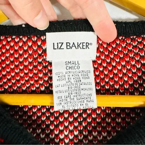 Liz Baker Vintage  Plaid Red White Black Heavy Knit Cardigan Embellished Buttons