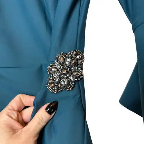 Alex Evenings Scuba Compression 3/4 Sleeve Ruffle Sheath Dress Teal size 2