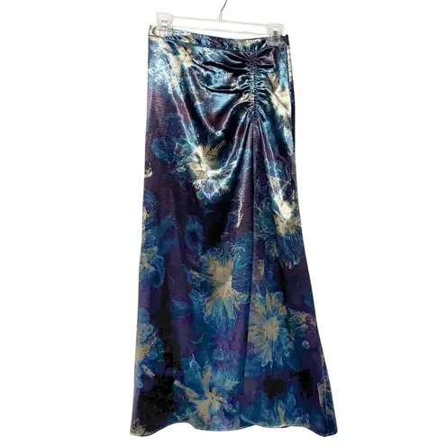 Ulla Johnson Ines Blue Floral Satin Midi Skirt Size 0
