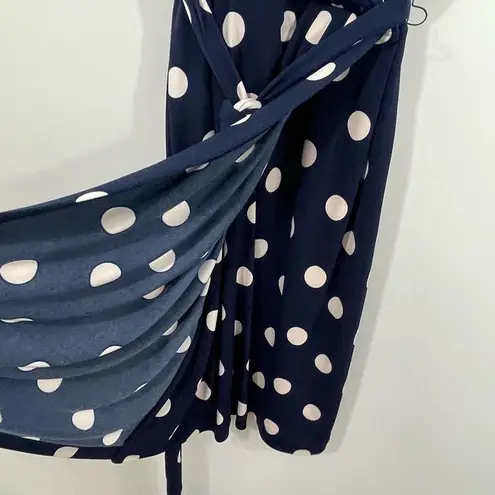 Eliza J Faux Wrap Navy Blue Cream Polkadot Dress Size 6 Sleeveless