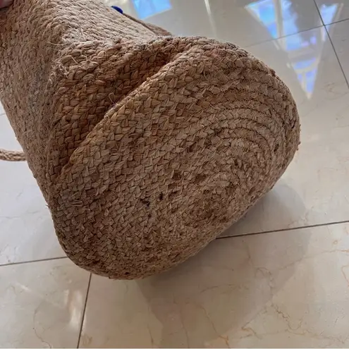 Rafia and Pom Bucket Tote Bag Tan