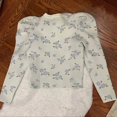 Grey Blue Floral Vintage Cottagecore Puff Sleeve Cropped Top Size Small NWT