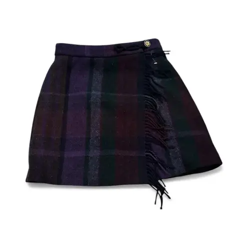 Sandro Rosiere Fringe Blue Green Burgundy Plaid Skirt Size 38 or 6
