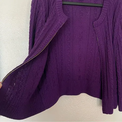 St. John Zip Front Cable Knit Purple Wool Blend Cardigan Size Small