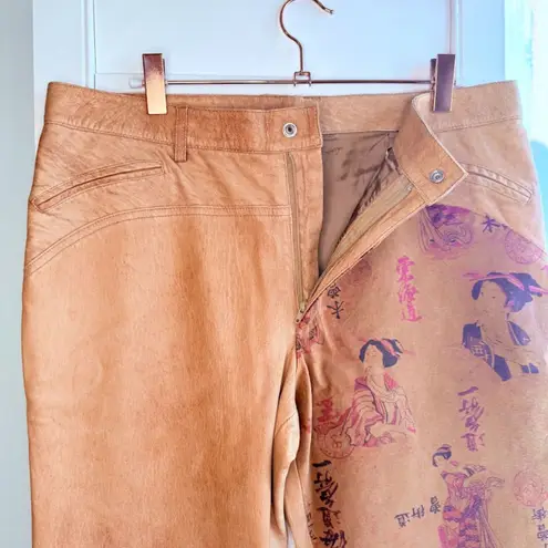 Vintage Isabel USA Genuine Leather Pants with Geisha Print Nubuck in Tan size 8