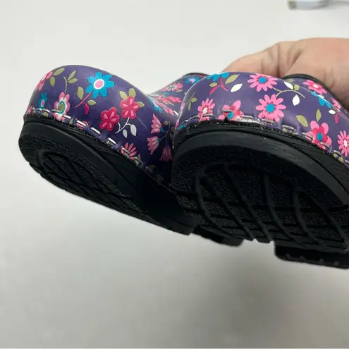 Cape Clogs Leno Sweden Purple Floral Black Leather Slip Resistant SZ 38 US 7.5