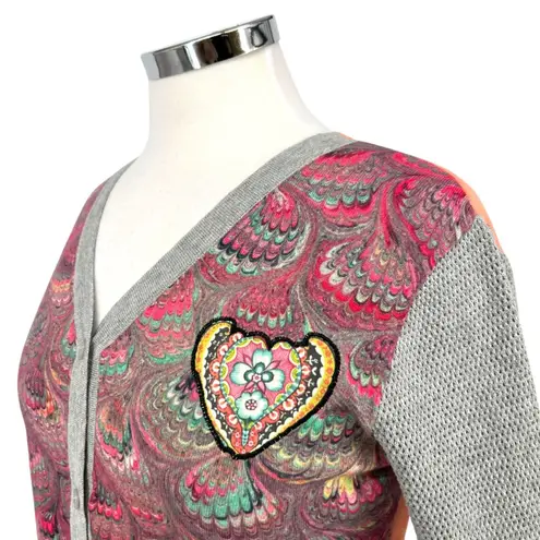 Desigual Printed Cardigan Heart Accent Sweater Sheer Back Size Medium