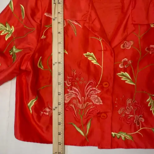Maggy London Red Floral 100% Silk Embroidered Lightweight Cropped Jacket Size 10