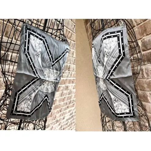 Vintage Neck Scarf Silver Black Floral Art Deco Hand Rolled Hem Korea Co…