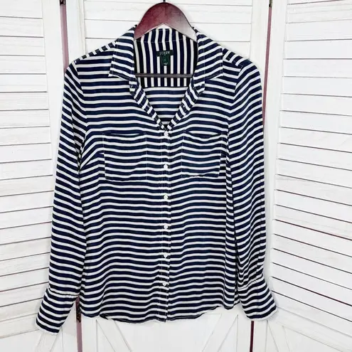 J. Crew Striped Silk Button Up Long Sleeve Shirt Blouse Blue White Small