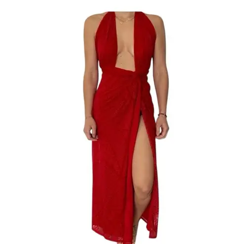 Halloween Costume AFRM Red Burnout Velvet Halter slit midi dress Red Cat costume Size M