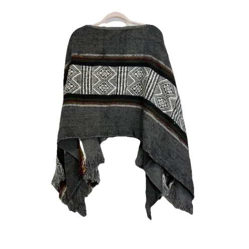 Vintage Indian Arts Poncho Wrap Wool Gray Green Red Yellow Stripe Black Ecuador