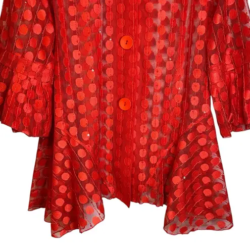 DAMEE Red Polka Dot Sheer Mesh Peplum Button Front Jacket Gray Size XL Korea