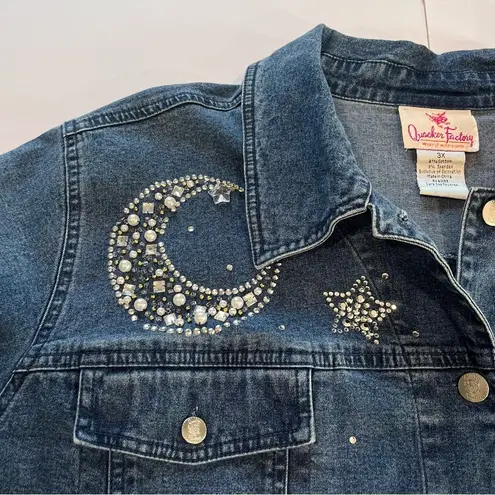 Quacker Factory  Denim Rhinestone Beaded Moon Stars Celestial Jean Jacket Size 3X