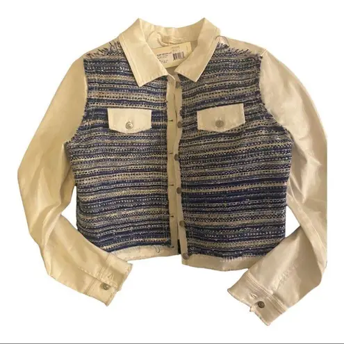 Ramy Brook Barry Button-Front Denim & Tweed Frayed Edge Denim Jacket Size Large