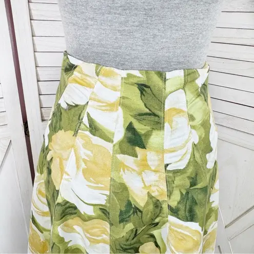 Premise Floral Roses Linen Blend A Line Flare Midi Skirt Lime Green Yellow 4