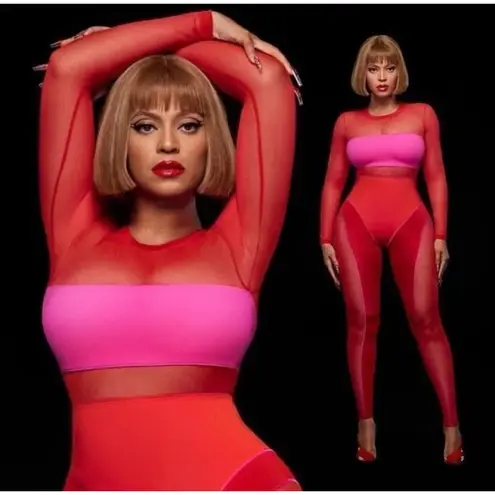 Adidas  Ivy Park Catsuit Red‎ Pink Mesh Long Sleeve Bodysuit NWT Small Beyoncé - Image 2