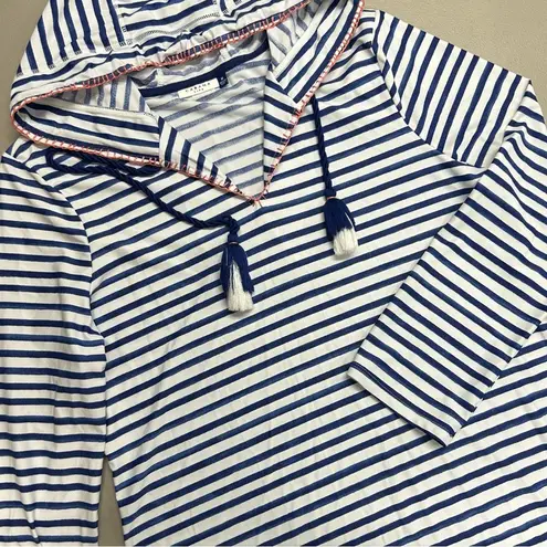Cabana Life Navy Blue Stripe Hooded Cover Up Dress Top Tassel Womens Size Medium White