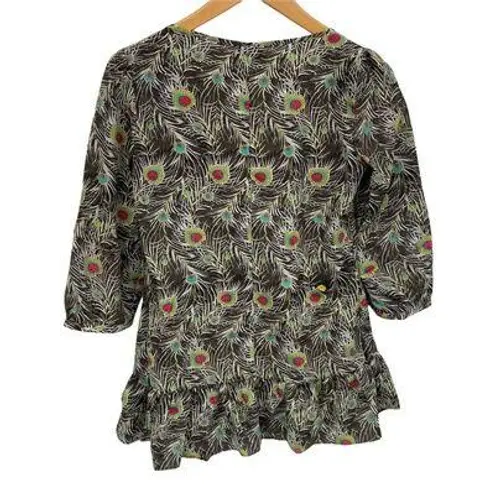 Liberty of London for Target Popover Blouse Women XS Peacock Feather Peplum Hem Brown
