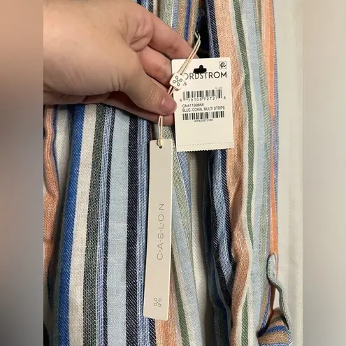 Caslon Linen Blue and Coral Striped Boyfriend Blazer XS