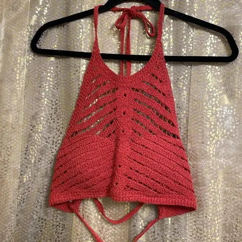 Crocheted burnt rust orange high neck halter boho bikini swim top, size M/L Orange Size M