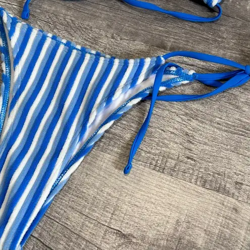 Blue White Striped Terry Cloth Tie Bikini Set Womens M Halter Top Cheeky Bottom Size M