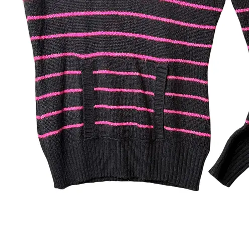 Hooded Sweater Womens Large Black Pink Striped Knit V Neck Kangaroo Pocket Soft