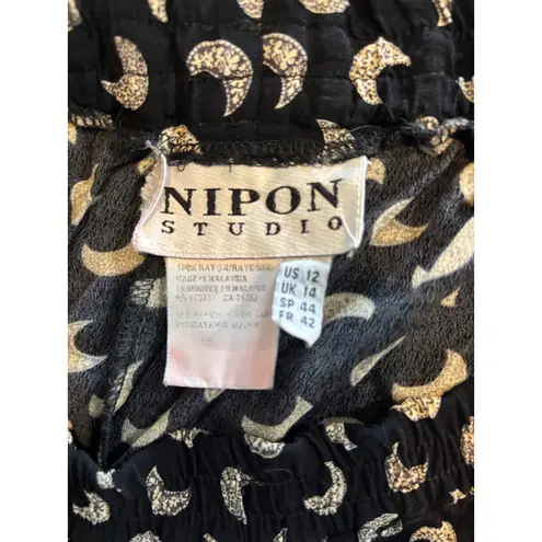 Nipon Studio Women's Black Crescent Moon Rayon Wide Leg Lounge Pants Size 12