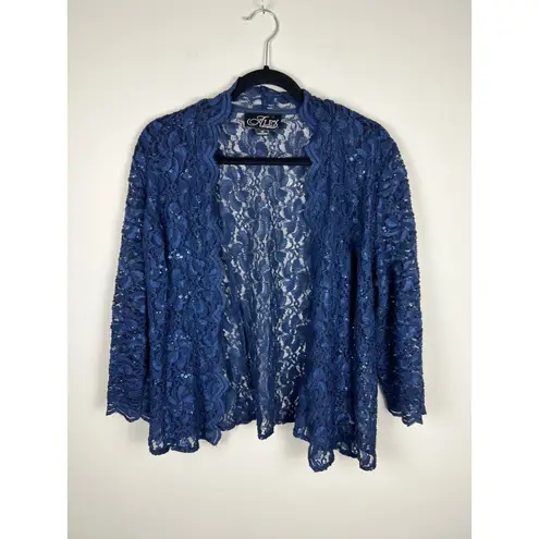 Alex Evenings Navy Blue Lace Sequin Open Front Bolero Jacket Women's Size 14