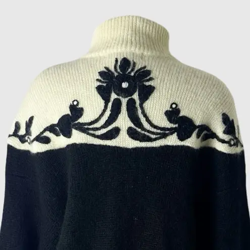 VTG 90s I.B. Diffusion Black Cream Floral Wool Blend Zip Sweater Jacket Small