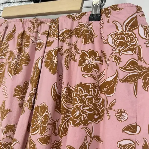 Lane Bryant  Pink Brown Floral Midi Skirt Pull On Poplin Lined Pleated Size 22