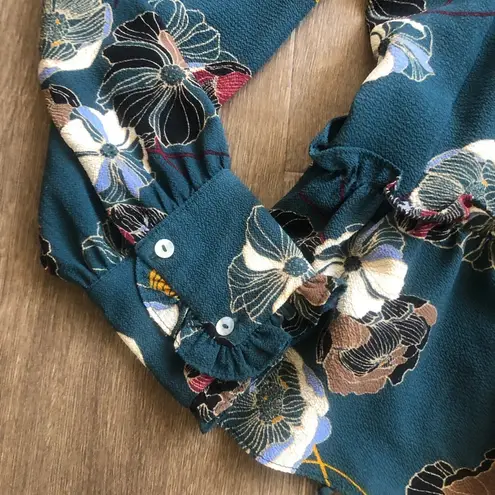Anthropologie Anthro Everleigh Dark Green Blue Floral V Neck Ruffle Wrap Long Sleeve M