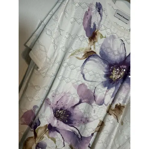 Alfred Dunner Women's Short Sleeve Top, Floral Patter, White/Purple, Sequin, XL White