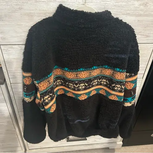 SheIn Cozy Black Sherpa Fleece Quarter Zip Pullover Aztec Southwest Print Size XL