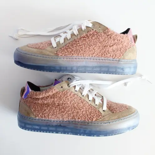 P448 John Sherpa Fuzzy Pink Holo Tan Suede Blue Sneakers