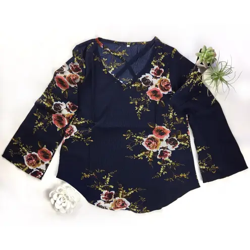 New Flare Sleeve Navy Floral Caged Top Blue