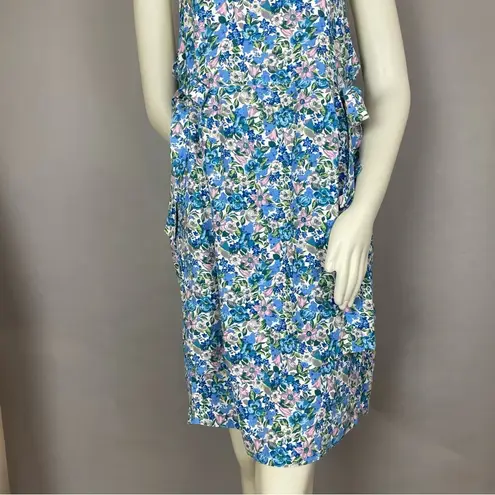 Vintage‎ Liberty Dress Apron Style Faux Wrap Side Ties Square Neck Blue Floral Size M