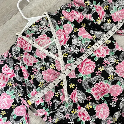 Japanese Floral Top wrap tie womens Black Pink (medium) maximalist streetwear