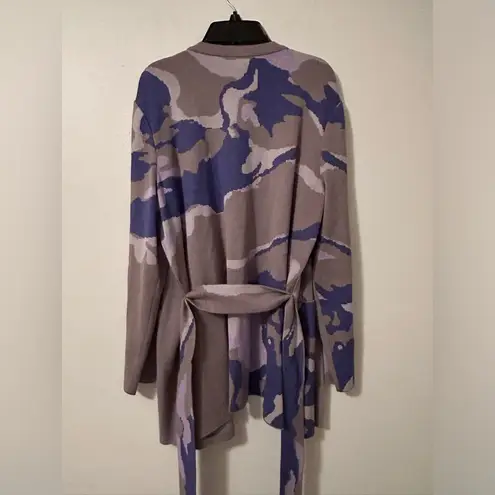 Misook Jacquard Knit Open Front Jacket Belted Pockets Khaki Grey Purple Camo L