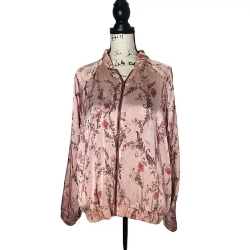 Haute Hippie  SZ L Clara Bomber Jacket Pink Floral Satin Zip Ruffle