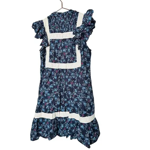 SEA NEW YORK Dark Blue Floral Cotton Lace Trimmed Tilly Tunic Dress Size 14