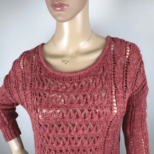 American Eagle Red/Orange Crochet Knit Sweater Women's Open Weave Boat Neck 3/4 Sleeve