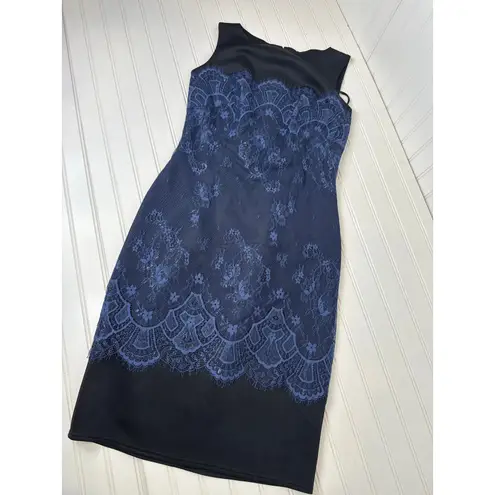 Tadashi Shoji Neoprene Navy & Black Metallic Sheath Cocktail Party Midi Size 8