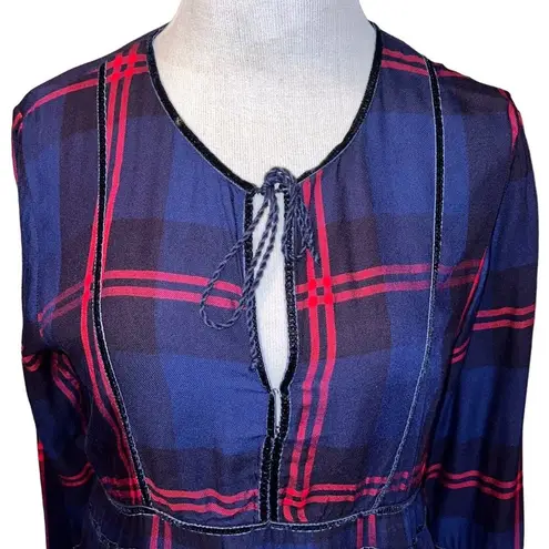 Thread and Supply  Navy and Red Plaid Peplum blouse w/ tie closure Size Medium