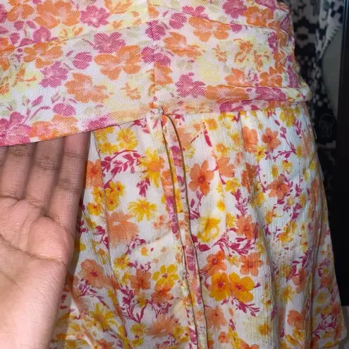 BCX dead stock tropical floral print babydoll runched top with floral midi skirt