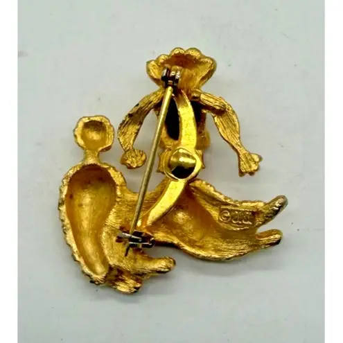 Vintage Gold Tone Poodle Dog Brooch Pin Green Eyes Red Collar Signed CJ