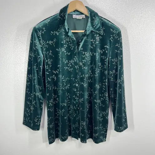 Passports Vtg. Velour Floral Print Button Up Top & Pants Set Green S/ M USA Made